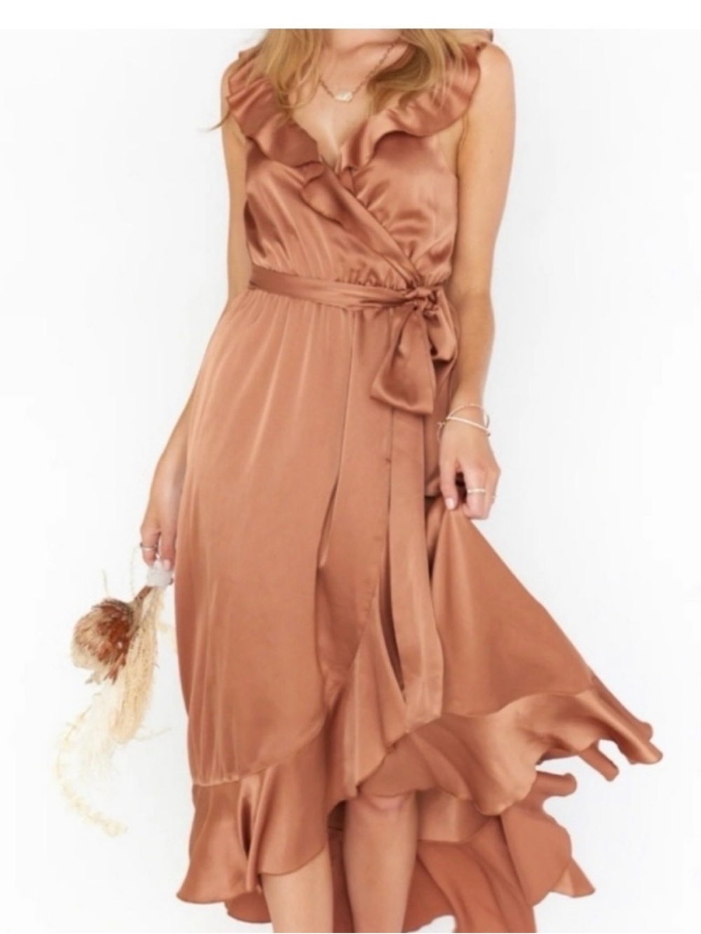 NWT Show Me Your MuMu Samantha Ruffle Dress L Copper Satin